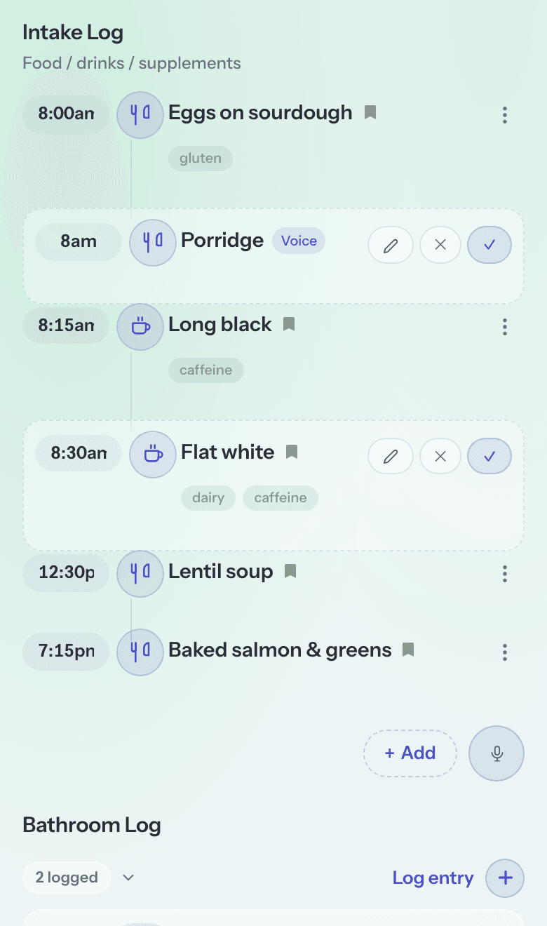 The intake log after dictating a meal: entries parsed from voice sit as review cards, each with a tick to confirm or a cross to dismiss what Luma heard